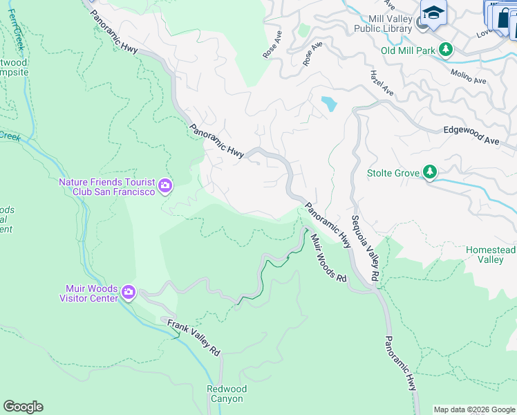 map of restaurants, bars, coffee shops, grocery stores, and more near 65 Ridge Avenue in Mill Valley