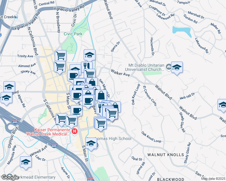 map of restaurants, bars, coffee shops, grocery stores, and more near 261 Sierra Drive in Walnut Creek