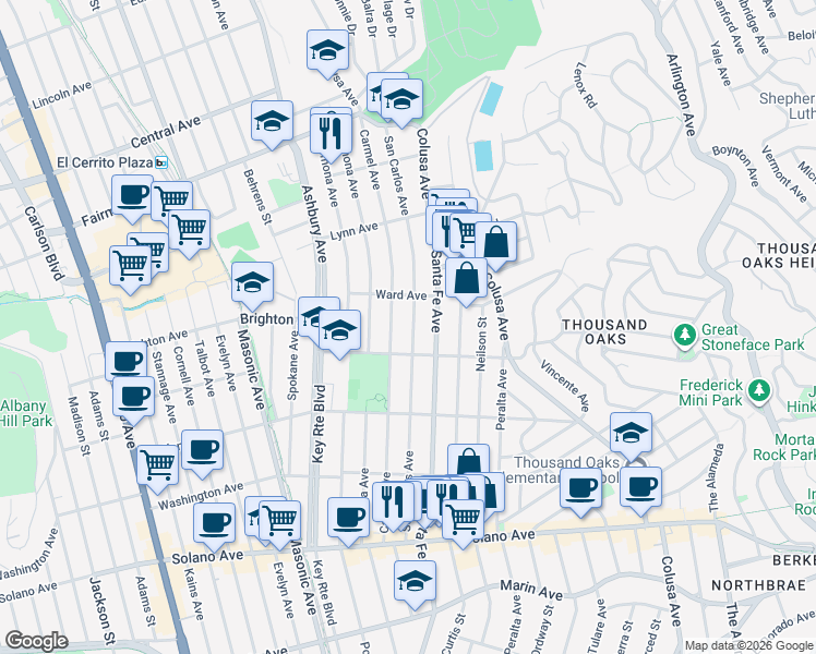 map of restaurants, bars, coffee shops, grocery stores, and more near 504 San Carlos Avenue in Albany