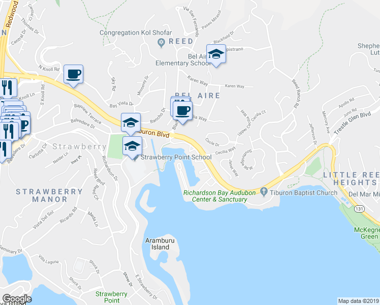 map of restaurants, bars, coffee shops, grocery stores, and more near 98 Salt Landing in Belvedere Tiburon
