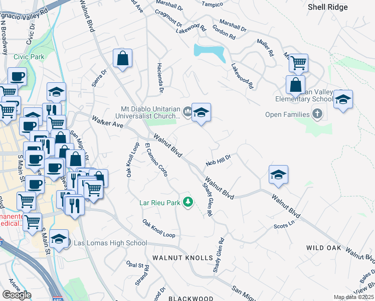 map of restaurants, bars, coffee shops, grocery stores, and more near 3084 Walnut Boulevard in Walnut Creek