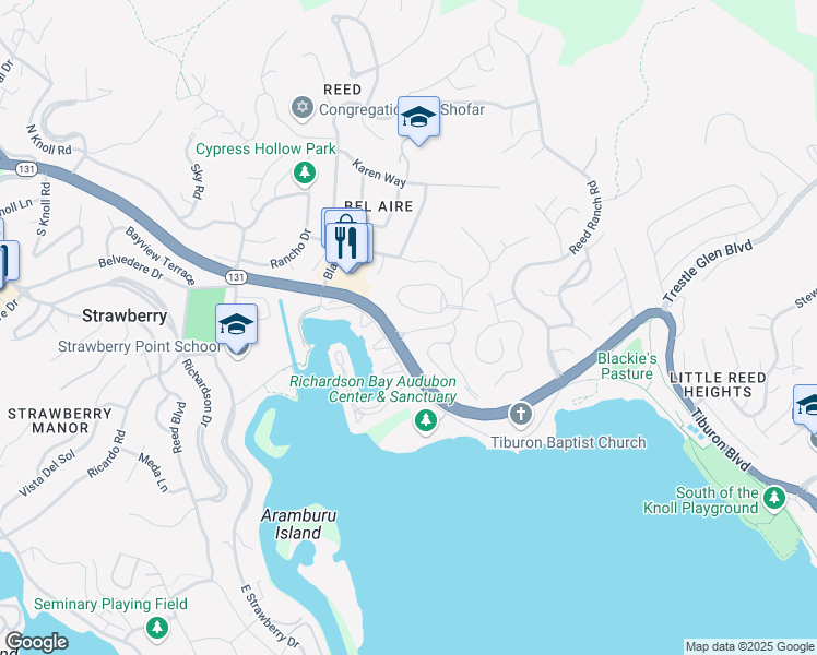 map of restaurants, bars, coffee shops, grocery stores, and more near 398 Cecilia Way in Tiburon