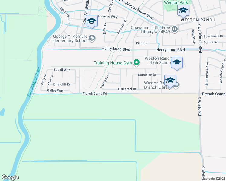 map of restaurants, bars, coffee shops, grocery stores, and more near 2058 Universal Drive in Stockton