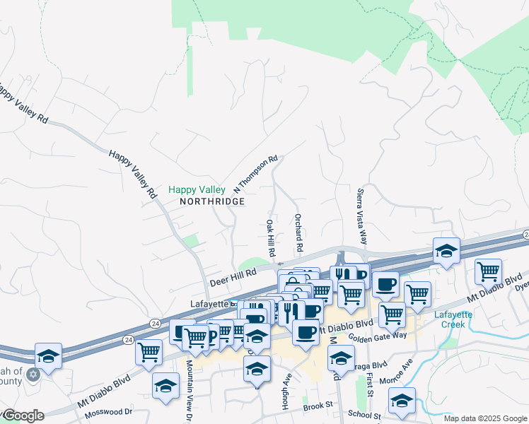 map of restaurants, bars, coffee shops, grocery stores, and more near 1087 Oak Hill Road in Lafayette
