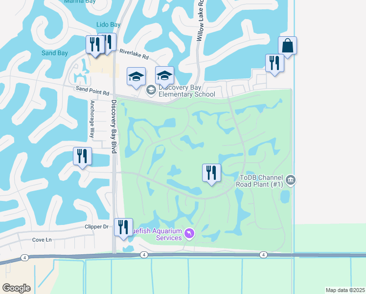 map of restaurants, bars, coffee shops, grocery stores, and more near 5451 Fairway Court in Discovery Bay