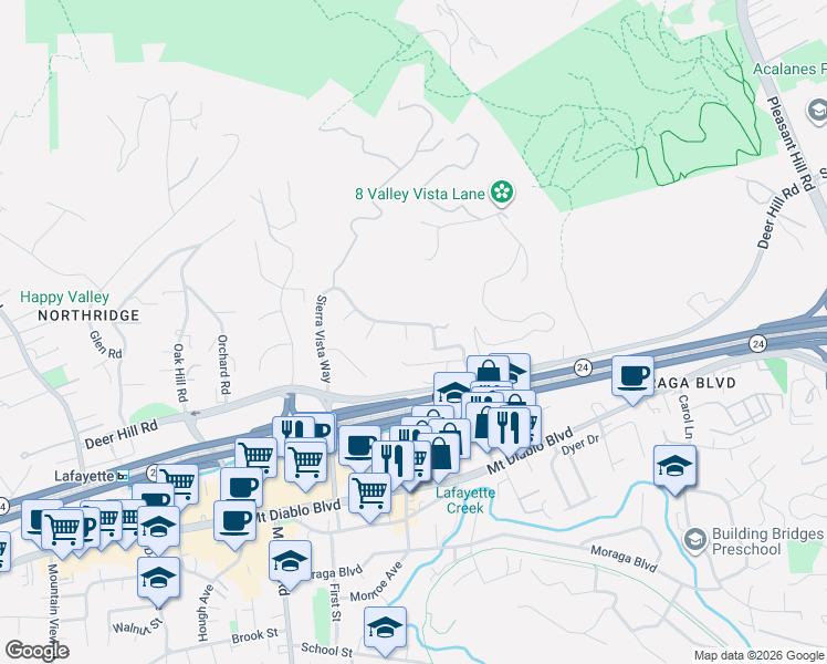 map of restaurants, bars, coffee shops, grocery stores, and more near 1170 Crescenta Court in Lafayette