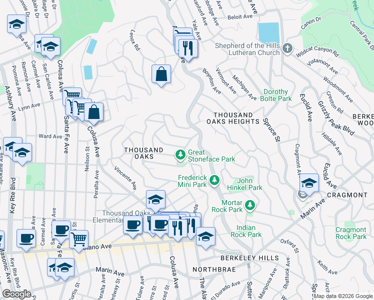 map of restaurants, bars, coffee shops, grocery stores, and more near 653 San Fernando Avenue in Berkeley