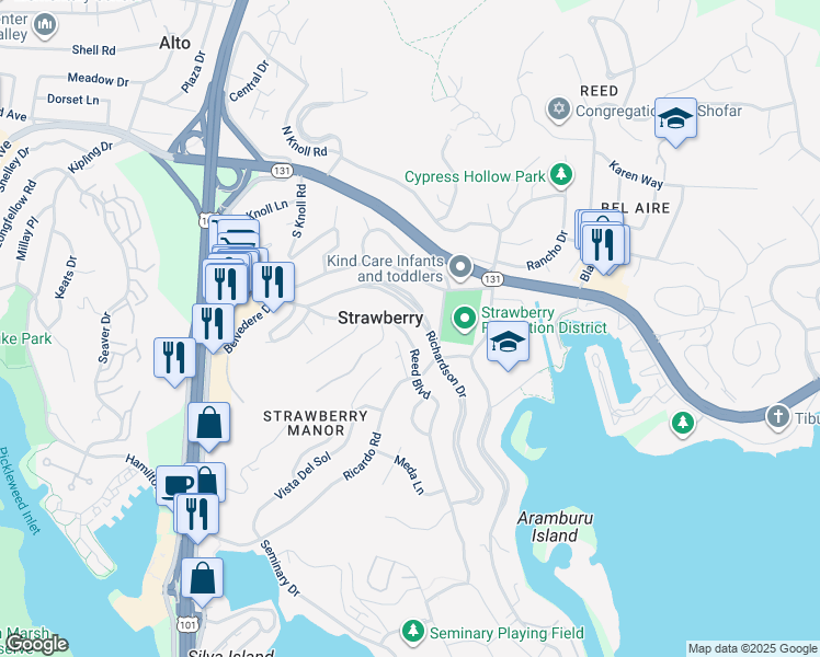 map of restaurants, bars, coffee shops, grocery stores, and more near 135 Reed Boulevard in Mill Valley