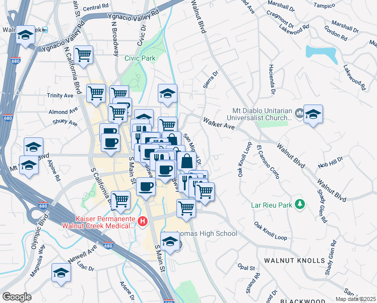 map of restaurants, bars, coffee shops, grocery stores, and more near 1747 San Miguel Drive in Walnut Creek