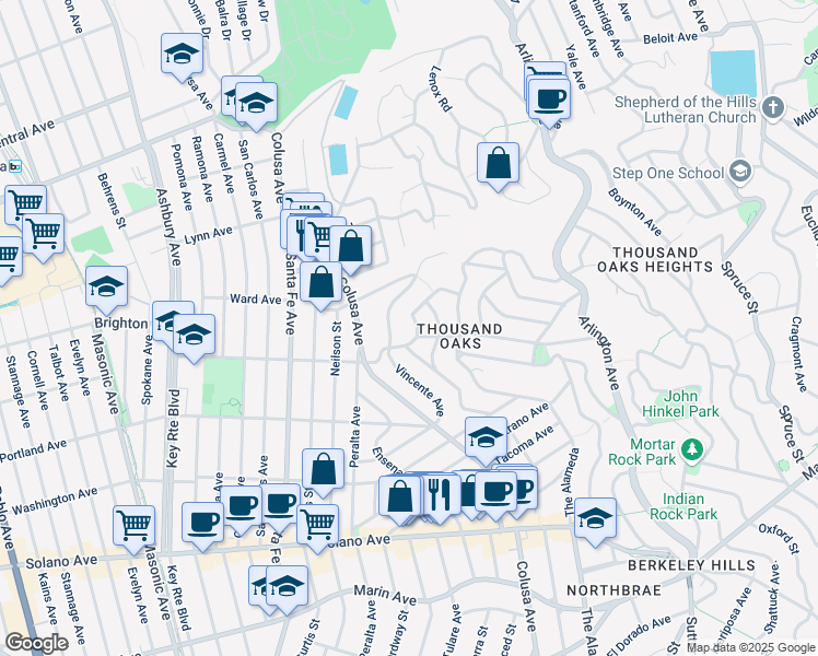 map of restaurants, bars, coffee shops, grocery stores, and more near 1737 Thousand Oaks Boulevard in Berkeley