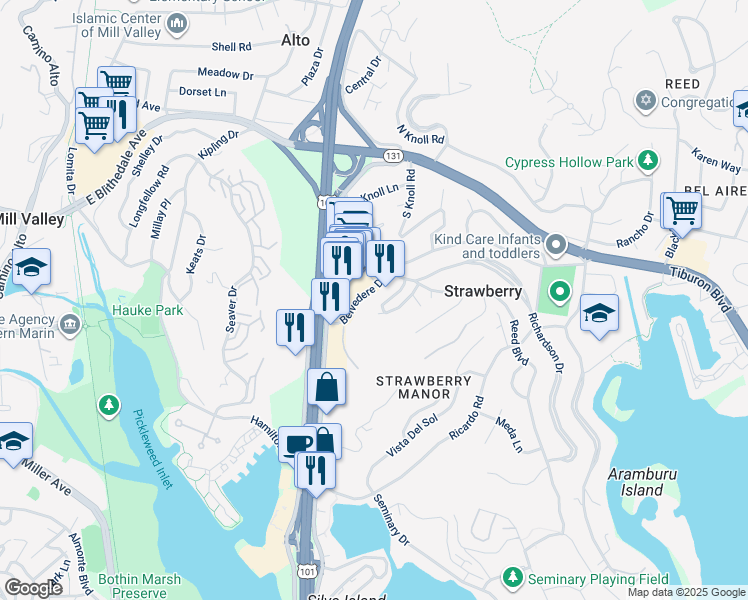 map of restaurants, bars, coffee shops, grocery stores, and more near 116 Carlotta Circle in Mill Valley