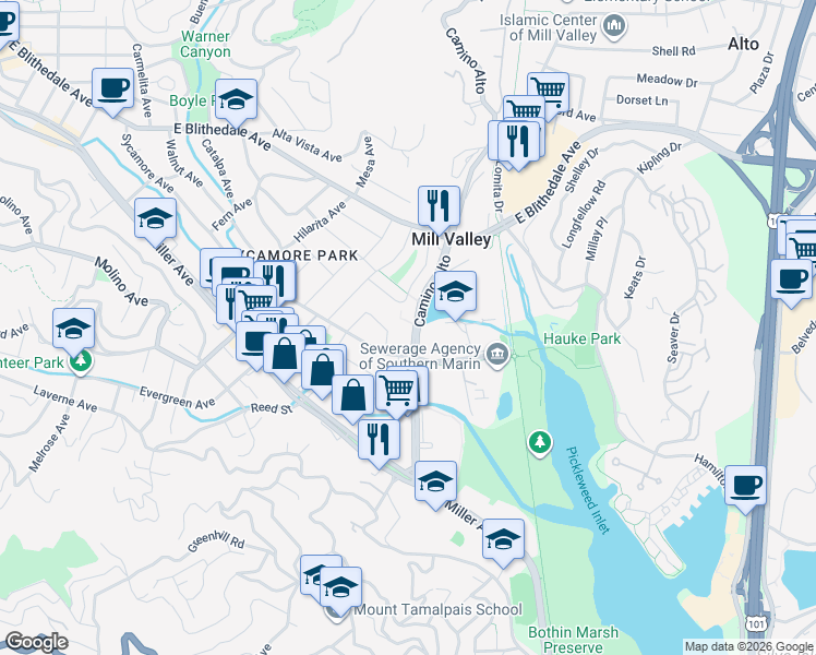 map of restaurants, bars, coffee shops, grocery stores, and more near 141 Camino Alto to Ryan St. Shortcut in Mill Valley