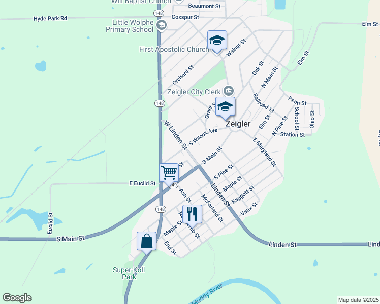 map of restaurants, bars, coffee shops, grocery stores, and more near 201 Wilcox Avenue in Zeigler