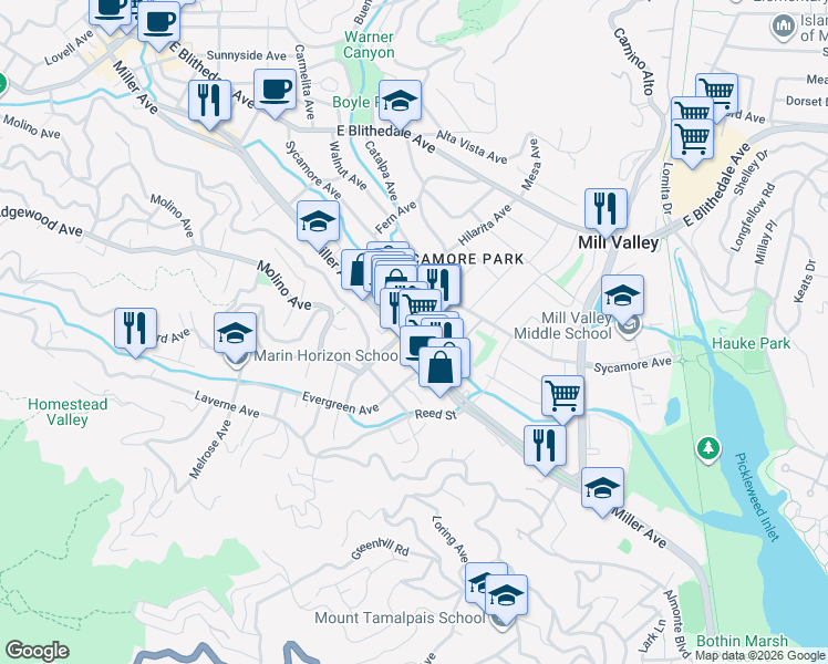 map of restaurants, bars, coffee shops, grocery stores, and more near 383 Miller Avenue in Mill Valley