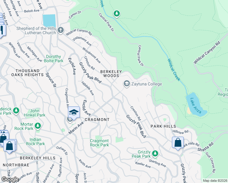 map of restaurants, bars, coffee shops, grocery stores, and more near 851 Grizzly Peak Boulevard in Berkeley
