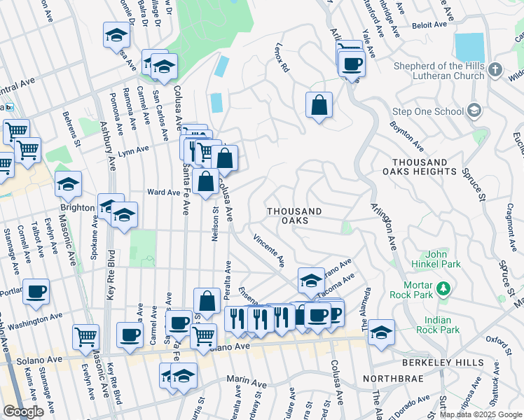 map of restaurants, bars, coffee shops, grocery stores, and more near 1737 Thousand Oaks Boulevard in Berkeley