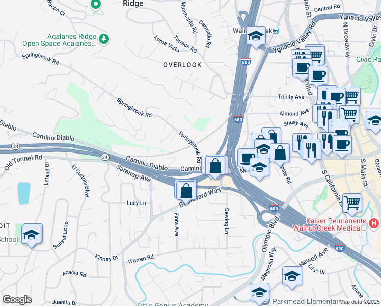 map of restaurants, bars, coffee shops, grocery stores, and more near 1267 Springbrook Road in Walnut Creek