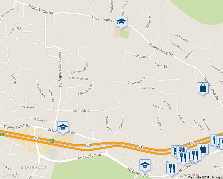 map of restaurants, bars, coffee shops, grocery stores, and more near 3875 Los Arabis Drive in Lafayette