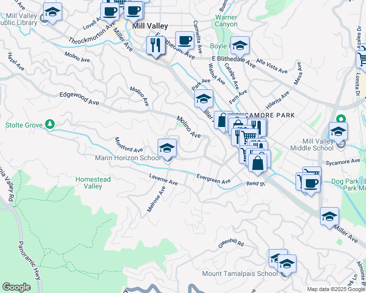 map of restaurants, bars, coffee shops, grocery stores, and more near 19 Sunrise Avenue in Mill Valley