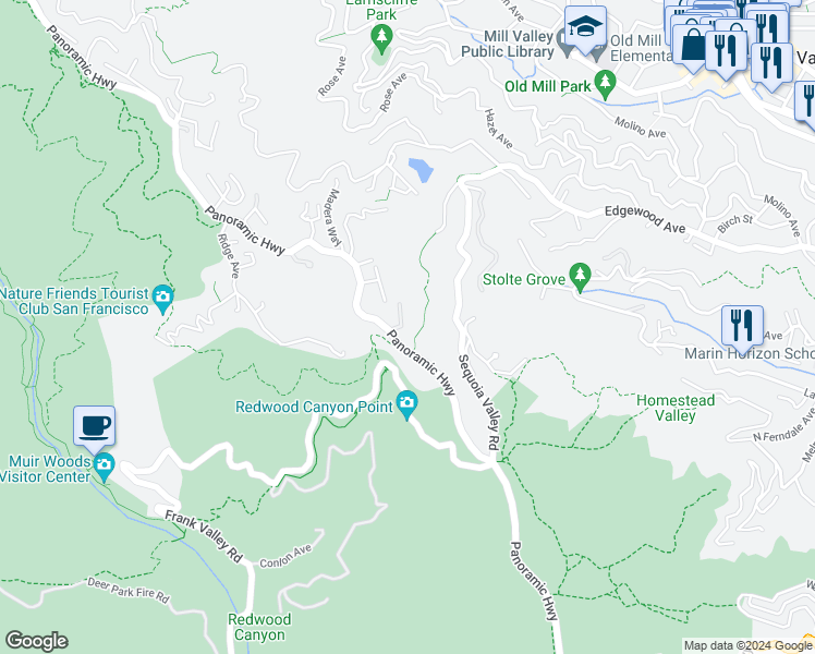 map of restaurants, bars, coffee shops, grocery stores, and more near 326 Panoramic Highway in Mill Valley