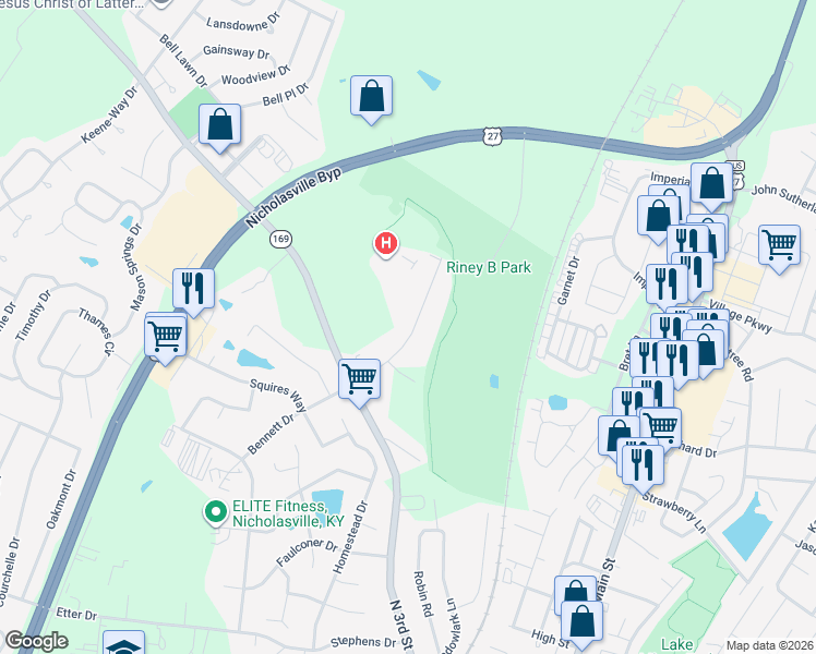 map of restaurants, bars, coffee shops, grocery stores, and more near 114 Rainbow Drive in Nicholasville
