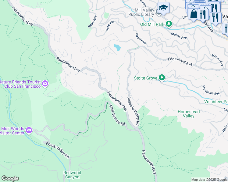 map of restaurants, bars, coffee shops, grocery stores, and more near 326 Panoramic Highway in Mill Valley