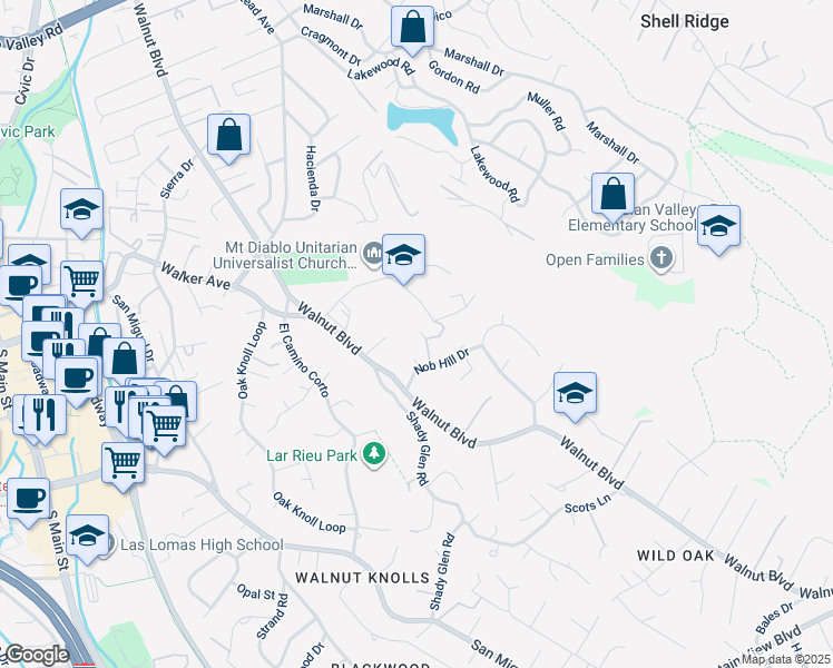 map of restaurants, bars, coffee shops, grocery stores, and more near 127 Caminar Way in Walnut Creek