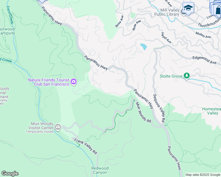map of restaurants, bars, coffee shops, grocery stores, and more near 61 Ridge Avenue in Mill Valley