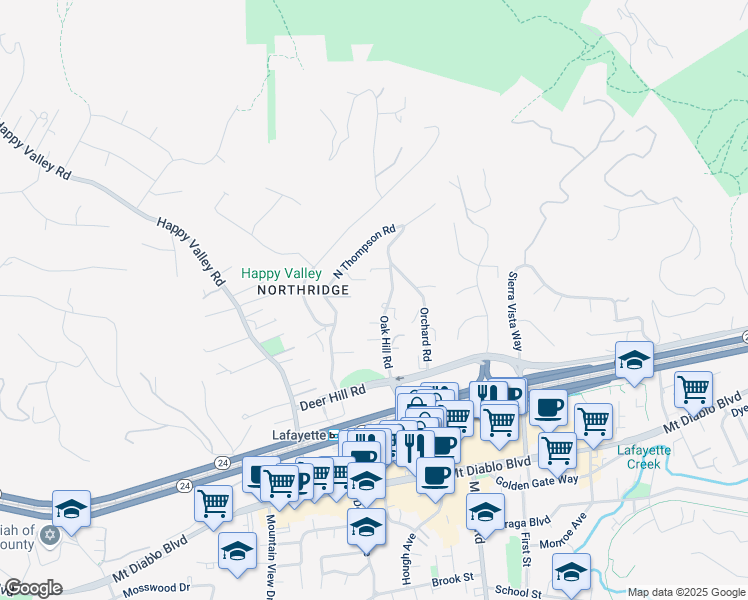 map of restaurants, bars, coffee shops, grocery stores, and more near 1087 Oak Hill Road in Lafayette