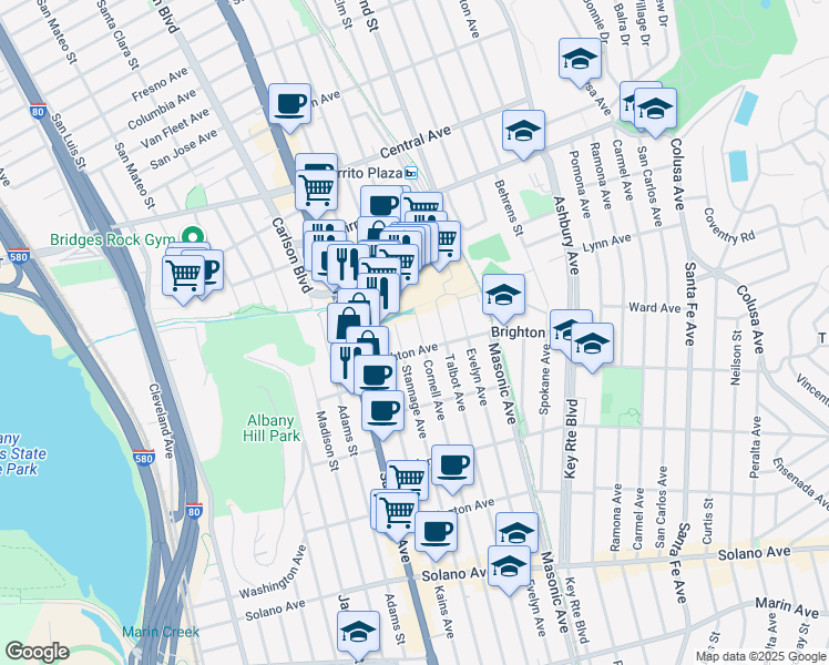 map of restaurants, bars, coffee shops, grocery stores, and more near 414 Cornell Avenue in Albany