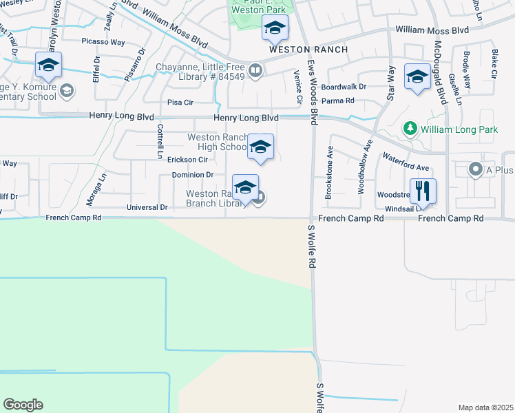 map of restaurants, bars, coffee shops, grocery stores, and more near 1453 French Camp Road in Stockton
