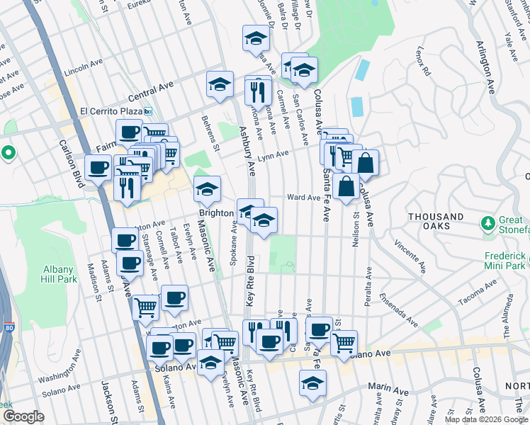 map of restaurants, bars, coffee shops, grocery stores, and more near 510 Pomona Avenue in Albany