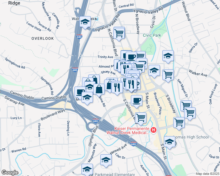 map of restaurants, bars, coffee shops, grocery stores, and more near 1850 Mount Diablo Boulevard in Walnut Creek