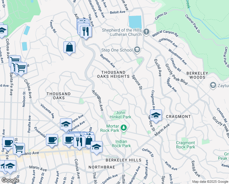 map of restaurants, bars, coffee shops, grocery stores, and more near 670 San Luis Road in Berkeley