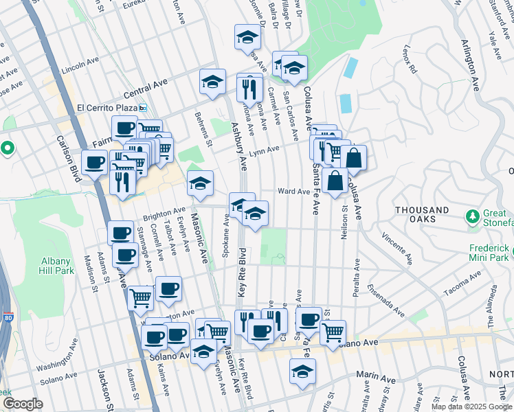 map of restaurants, bars, coffee shops, grocery stores, and more near 510 Pomona Avenue in Albany