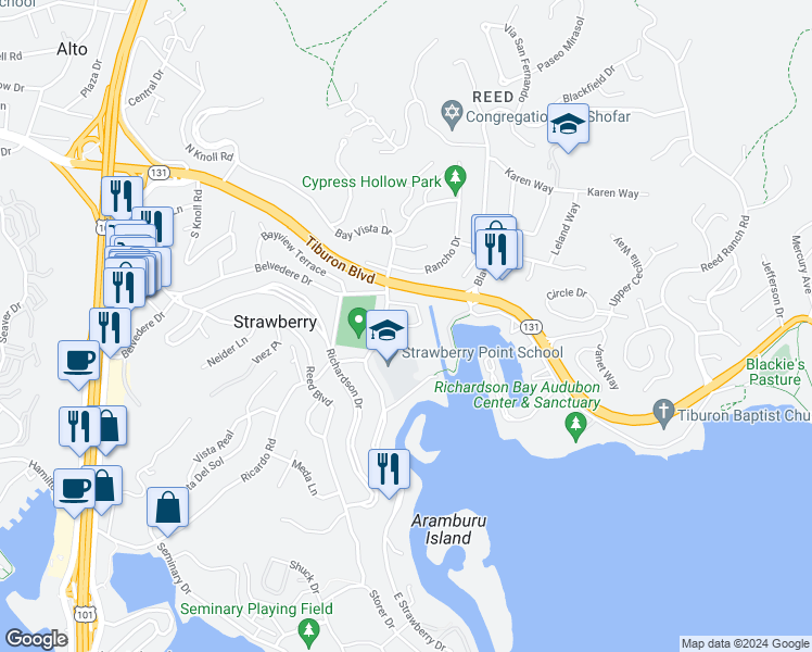 map of restaurants, bars, coffee shops, grocery stores, and more near Strawberry Circle in Mill Valley