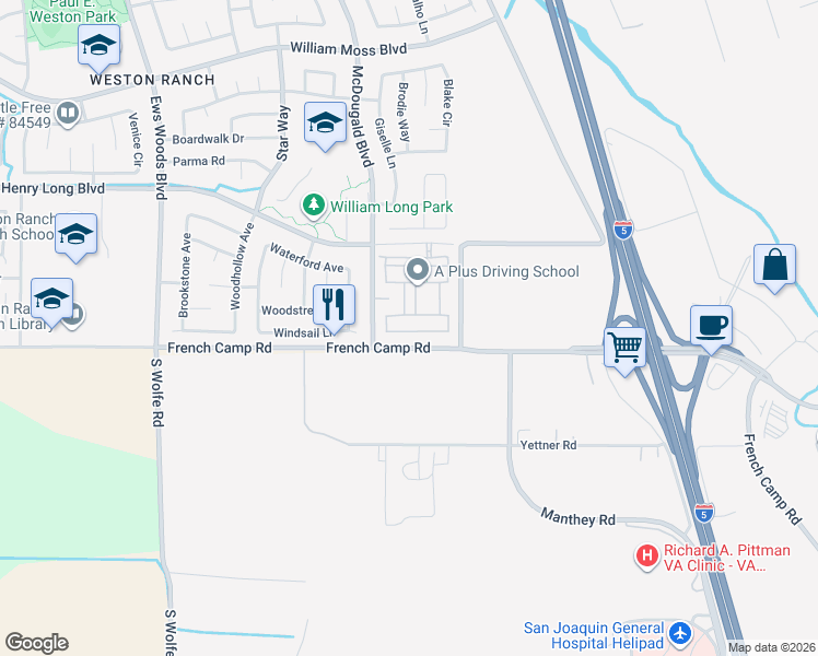 map of restaurants, bars, coffee shops, grocery stores, and more near 664 Blue Stone Drive in Stockton