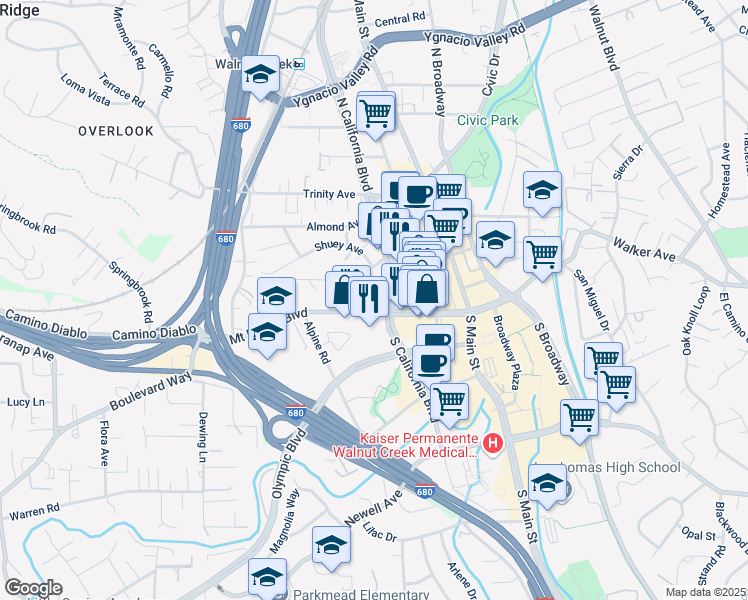 map of restaurants, bars, coffee shops, grocery stores, and more near 1331 North California Boulevard in Walnut Creek