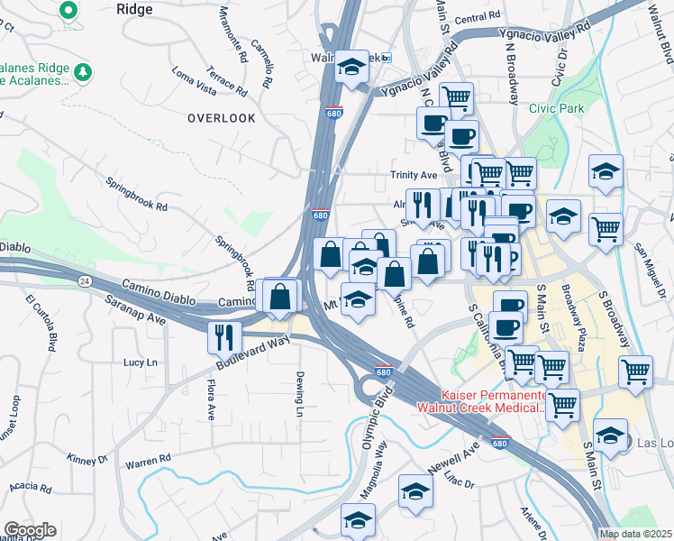map of restaurants, bars, coffee shops, grocery stores, and more near in Walnut Creek