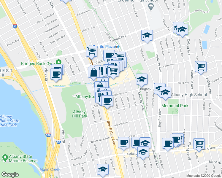 map of restaurants, bars, coffee shops, grocery stores, and more near 416 Stannage Avenue in Albany