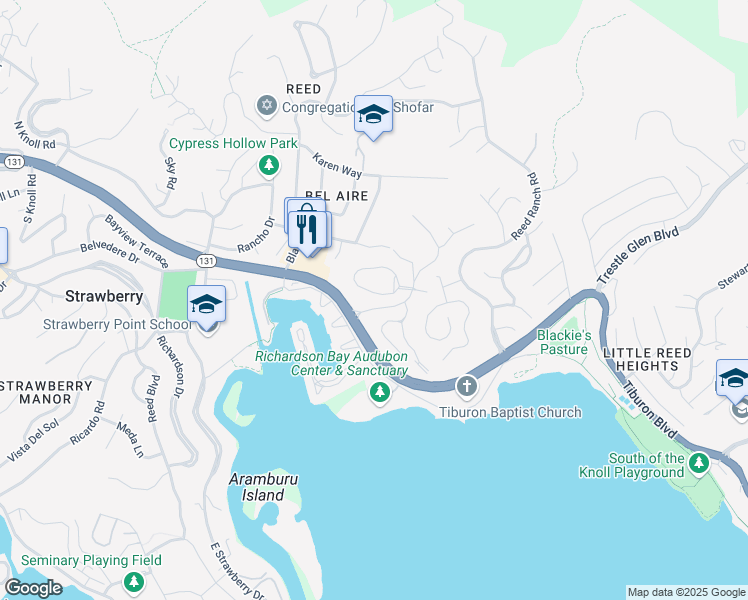 map of restaurants, bars, coffee shops, grocery stores, and more near 398 Cecilia Way in Tiburon