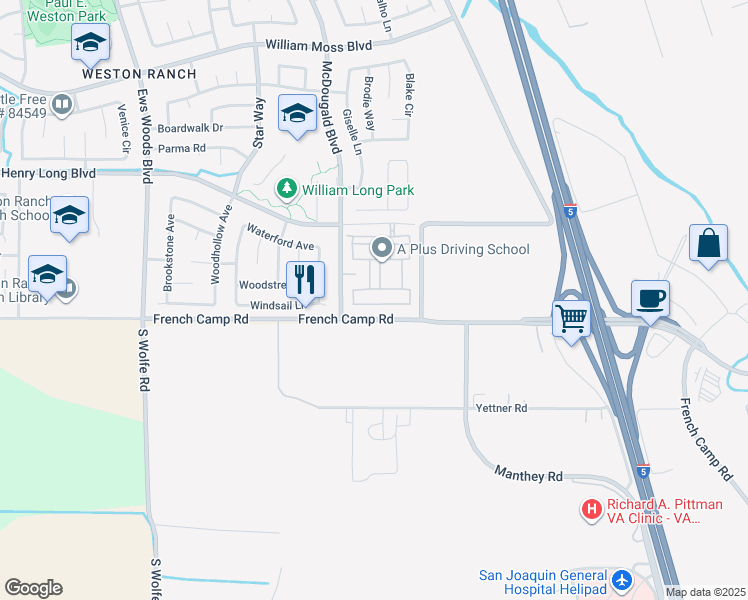 map of restaurants, bars, coffee shops, grocery stores, and more near 664 Blue Stone Drive in Stockton