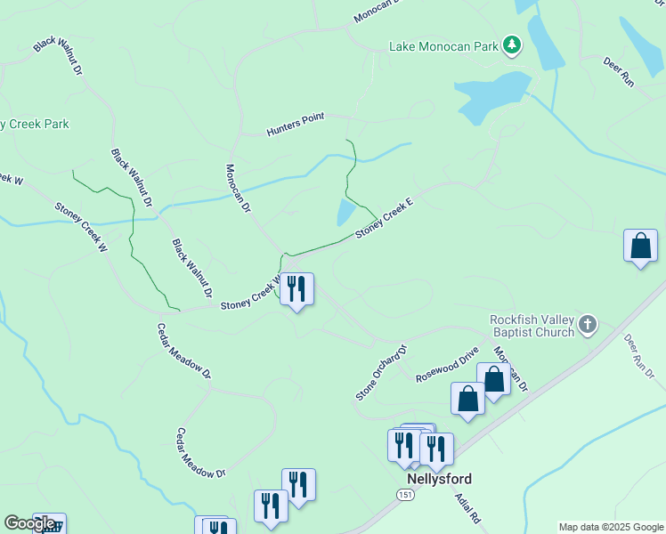 map of restaurants, bars, coffee shops, grocery stores, and more near 128 Club Highland in Nellysford