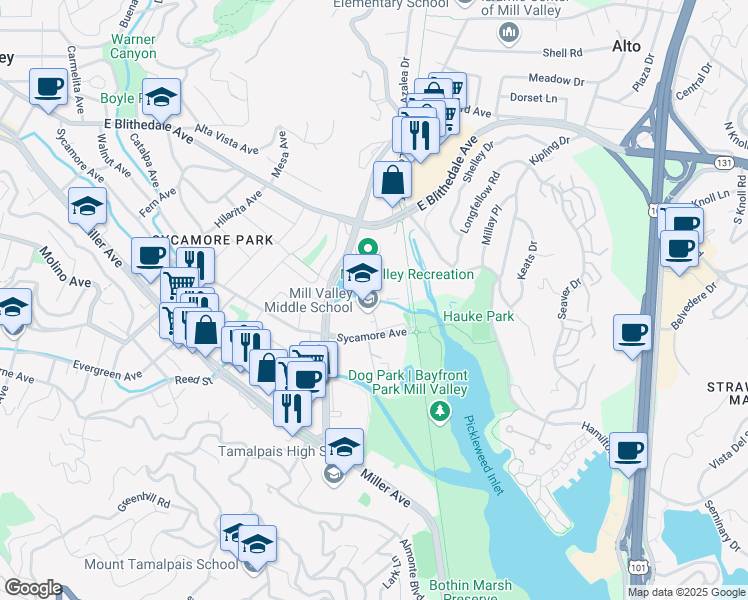 map of restaurants, bars, coffee shops, grocery stores, and more near 425 Sycamore Avenue in Mill Valley