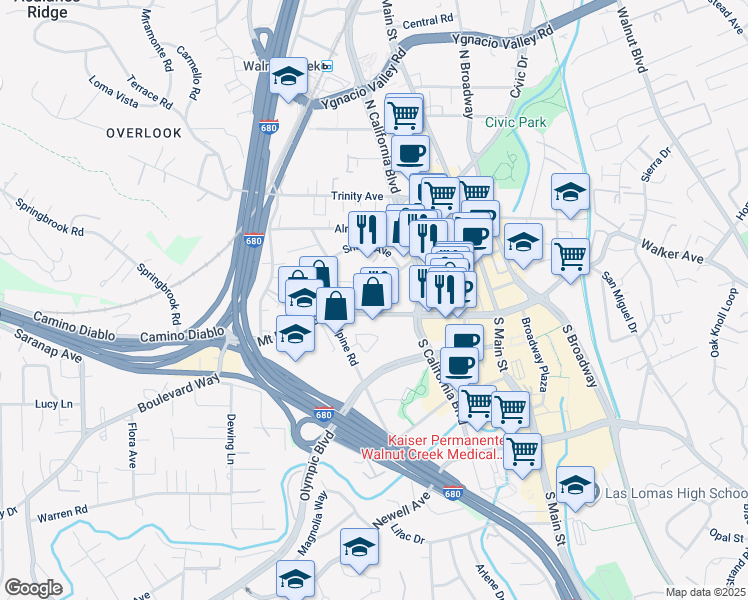 map of restaurants, bars, coffee shops, grocery stores, and more near 1850 Mount Diablo Boulevard in Walnut Creek