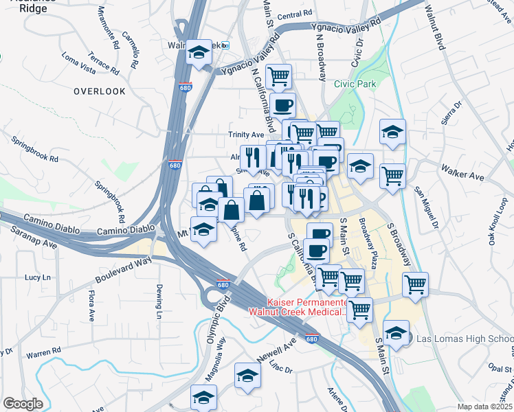 map of restaurants, bars, coffee shops, grocery stores, and more near 1850 Mount Diablo Boulevard in Walnut Creek