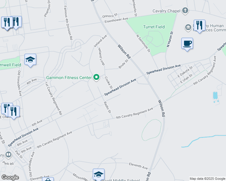 map of restaurants, bars, coffee shops, grocery stores, and more near Spearhead Division Avenue in Fort Knox