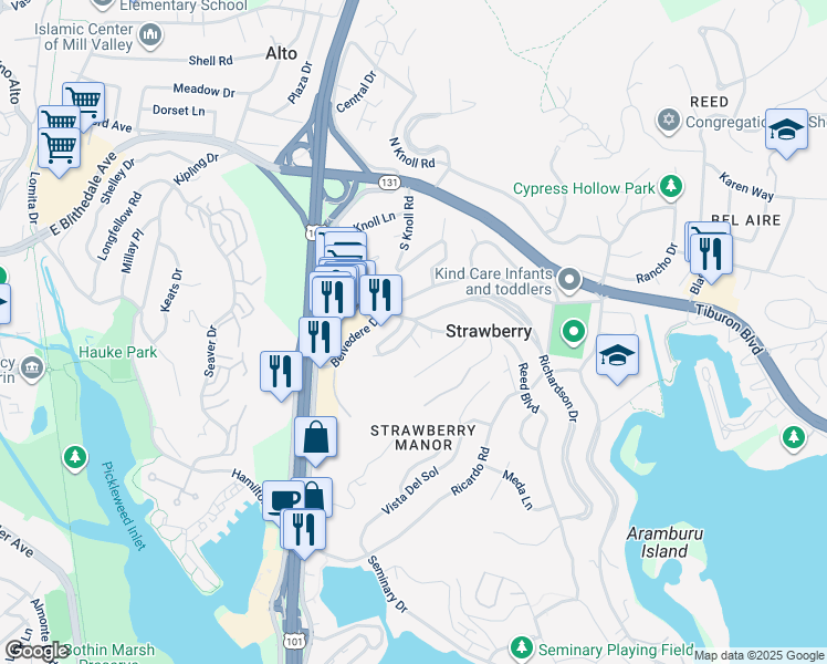 map of restaurants, bars, coffee shops, grocery stores, and more near 156 Carlotta Circle in Mill Valley