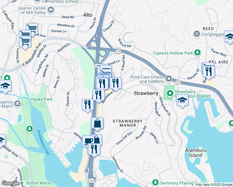 map of restaurants, bars, coffee shops, grocery stores, and more near 156 Carlotta Circle in Mill Valley