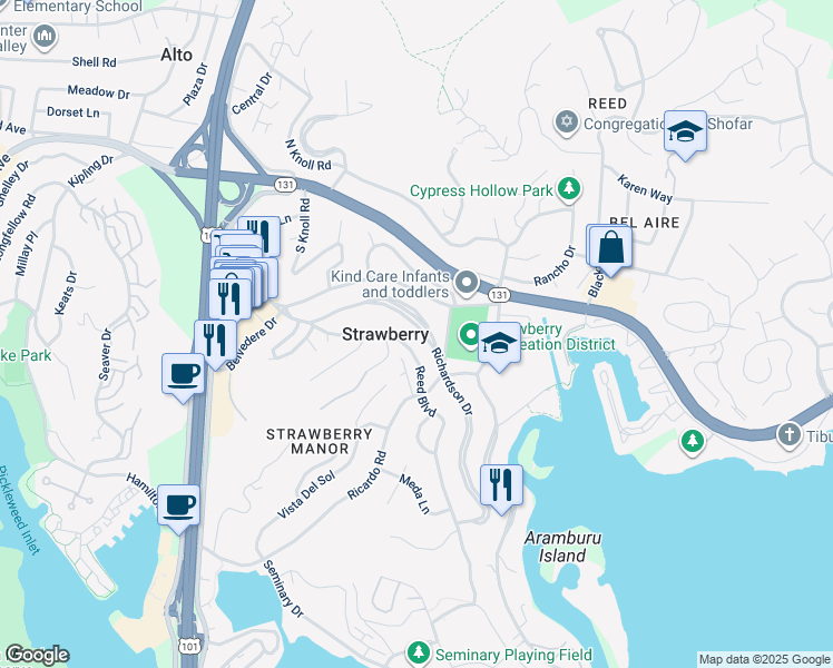 map of restaurants, bars, coffee shops, grocery stores, and more near 135 Reed Boulevard in Mill Valley